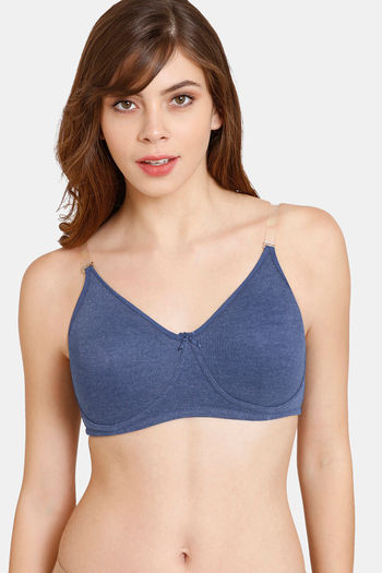 Buy Rosaline Everyday Double Layered Non Wired Medium Coverage T-Shirt Bra With Transparent Straps - Blue Depth2